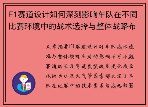 F1赛道设计如何深刻影响车队在不同比赛环境中的战术选择与整体战略布局